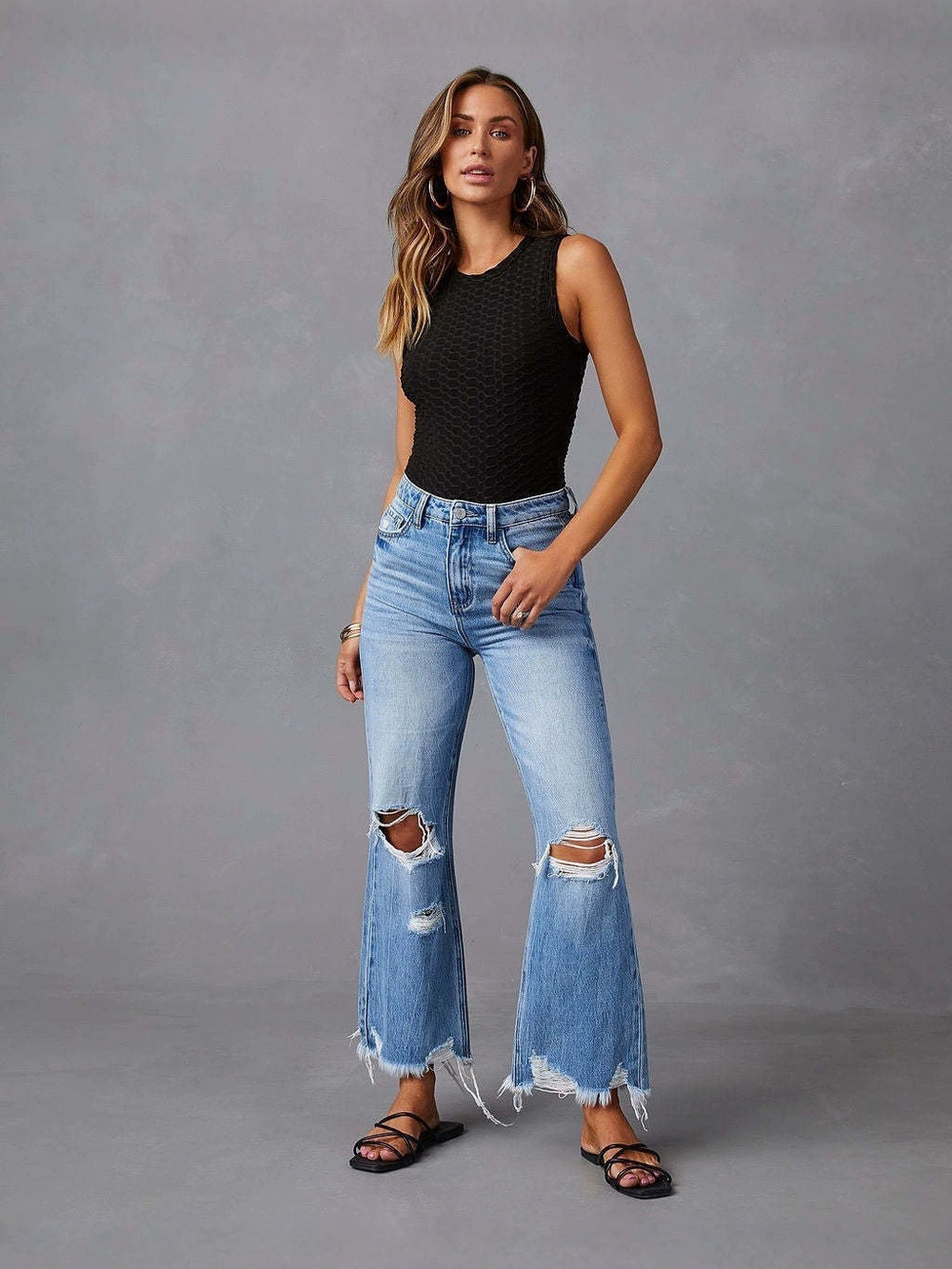 ZARA Plus Size Women Ripped Fringe Washed Wide Leg Jeans